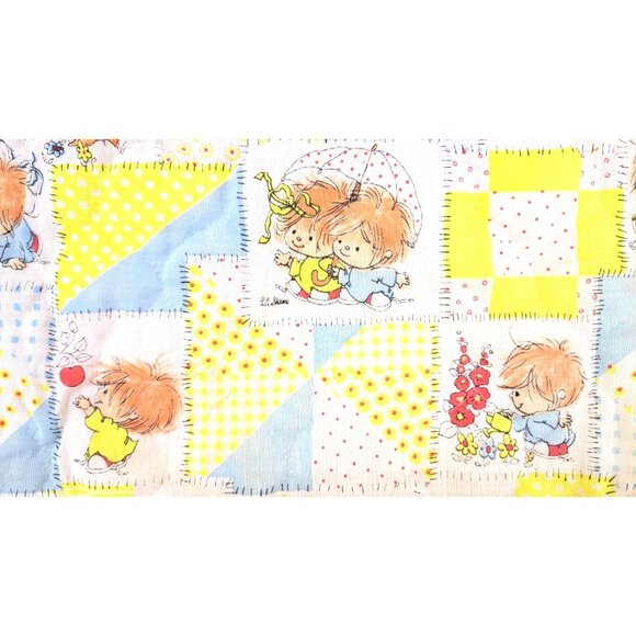 Vintage Patchwork Print Baby Quilt Child Yellow Little Lil Shavers 1970 Satin - Picture 3 of 13